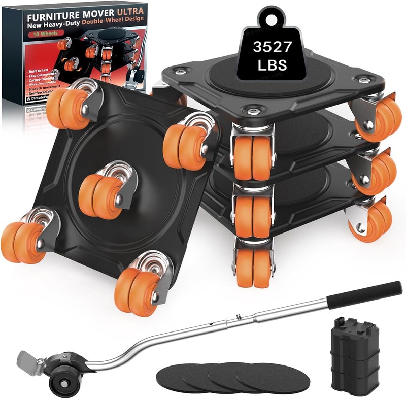 WOUOW Furniture Mover Ultra Plus with 10 Wheels – Upgraded Double-Wheel Design, Carbon Steel Panel Heavy Duty Dolly with Lifter, Max Load 3527 LBS, More Stable & Smoother Moves (6.7×6.7 in) - Image 1